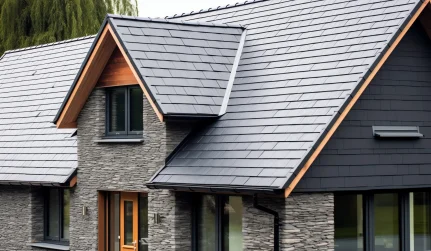 a modern private house is covered with metal tiles roofing or grey slate roof vintage curved